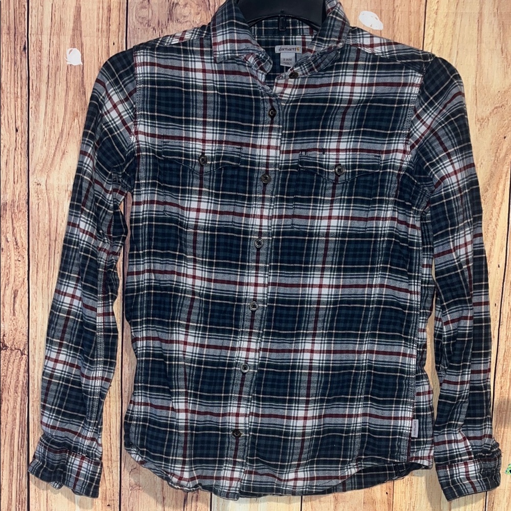 Carhartt Navy and Red Plaid Flannel Button-Down Shirt Size Small